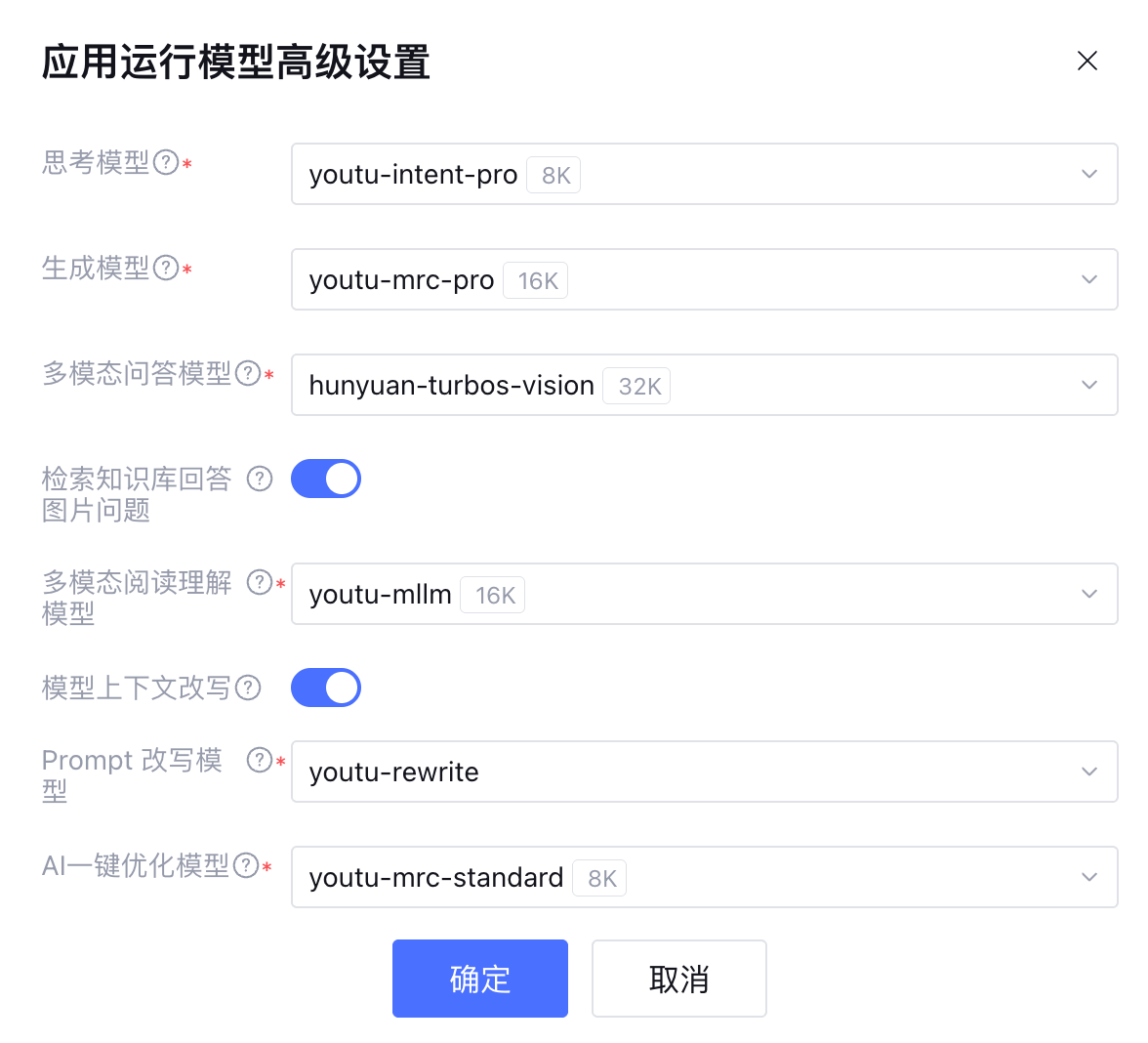 应用运行模型高级设置弹窗（标准模式示意图）