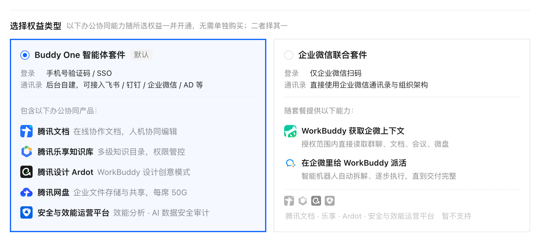 选择权益类型 · Buddy One 智能体套件（默认）