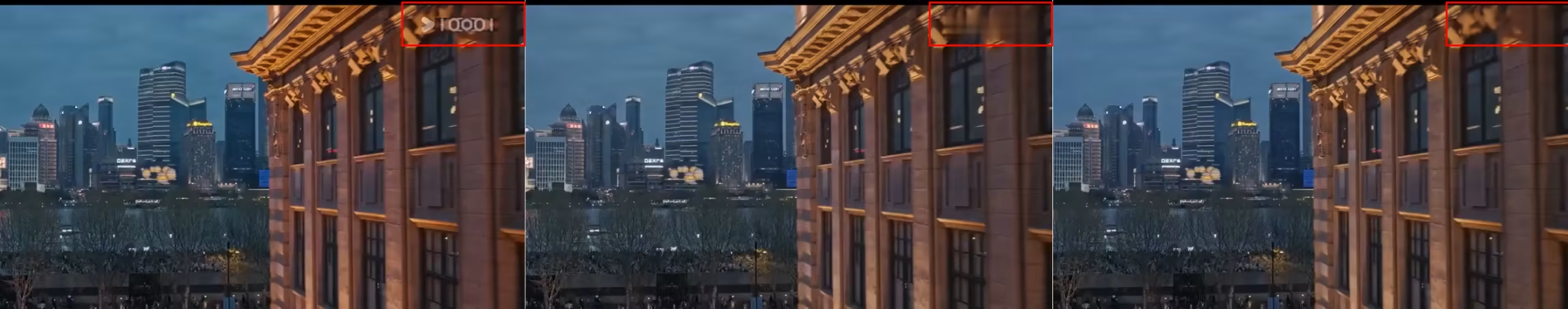 左：原始视频，红框内为 Logo 位置。中：基础版处理效果。右：高级版处理效果