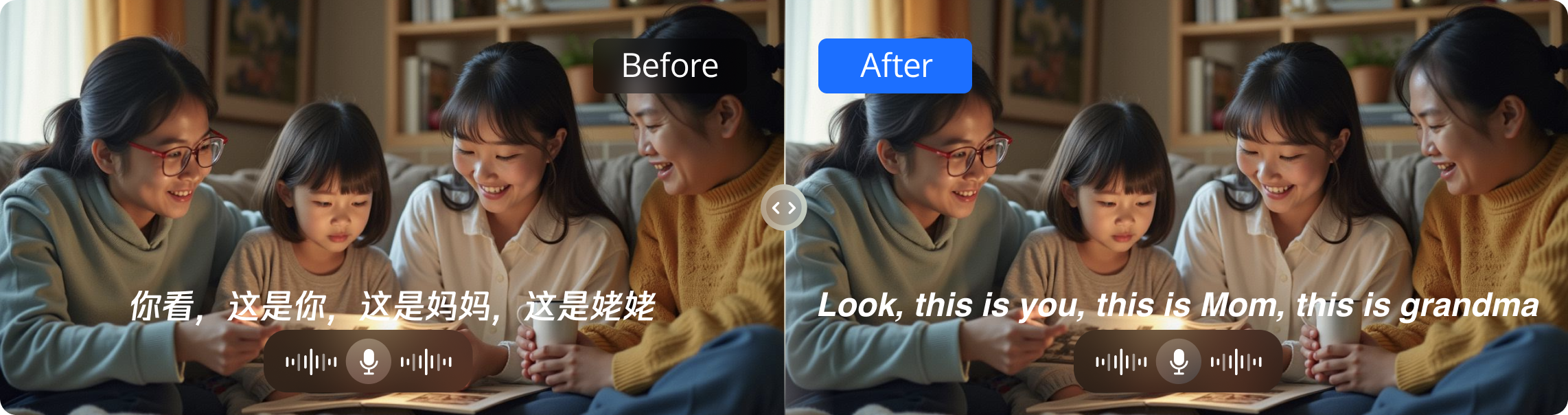 左:原视频中文字幕中文语音;右:处理后生成多语言字幕和语音;