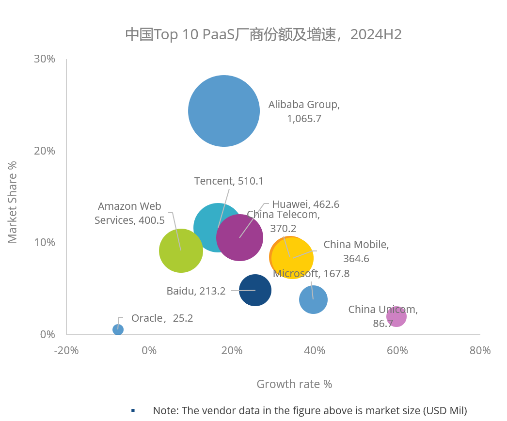 中国Top10 PaaS厂商份额及增速,2024
