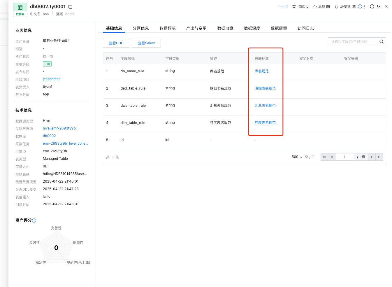 查看字段关联标准情况