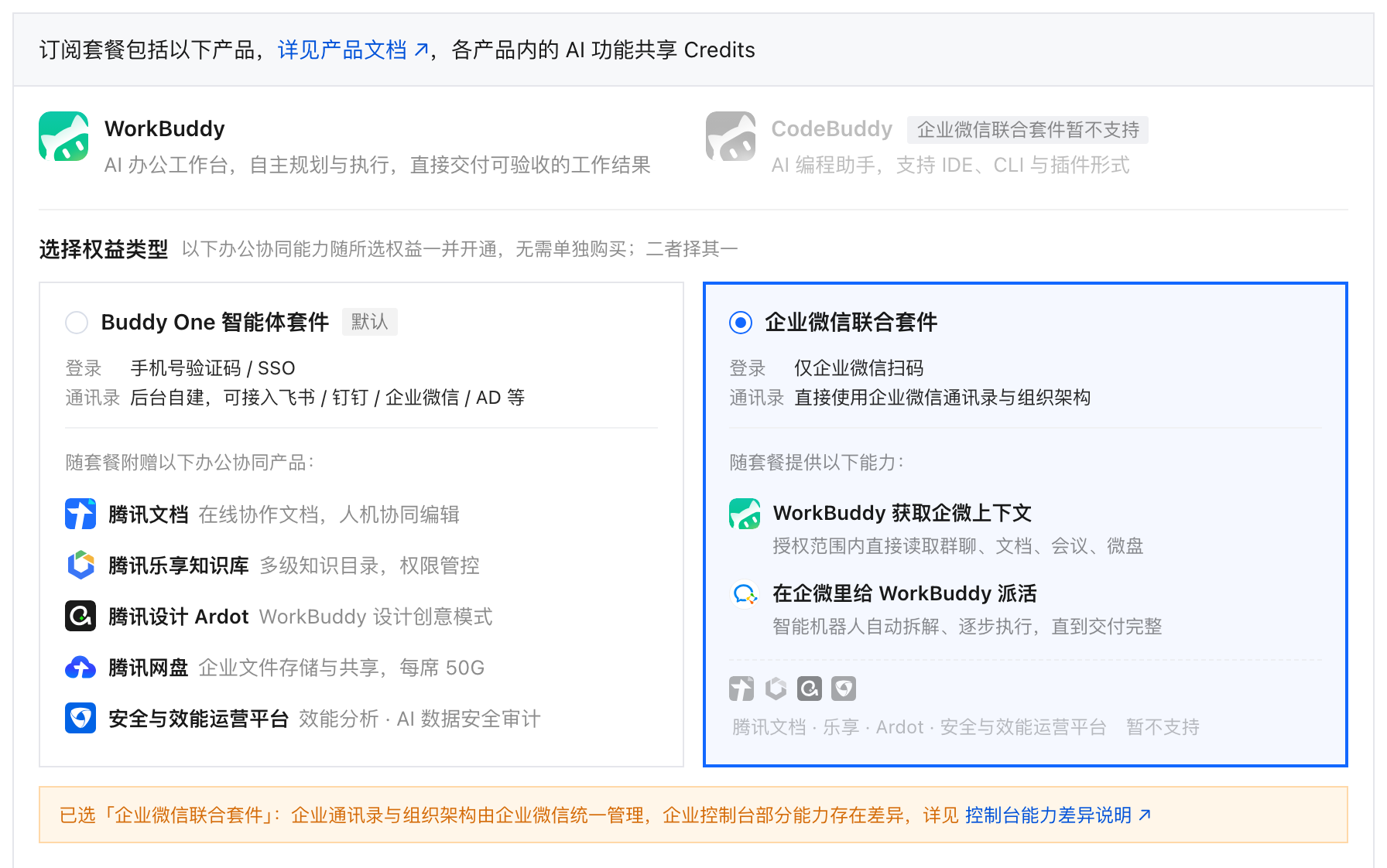 选择权益类型 · 企业微信联合套件