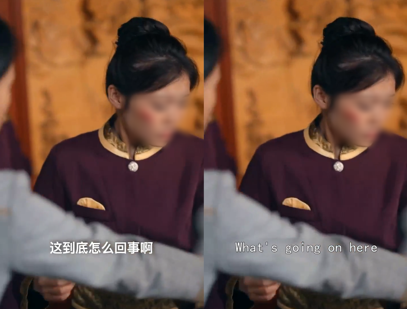 左图：原始中文短视频；右图：处理后输出视频具有英文字幕。