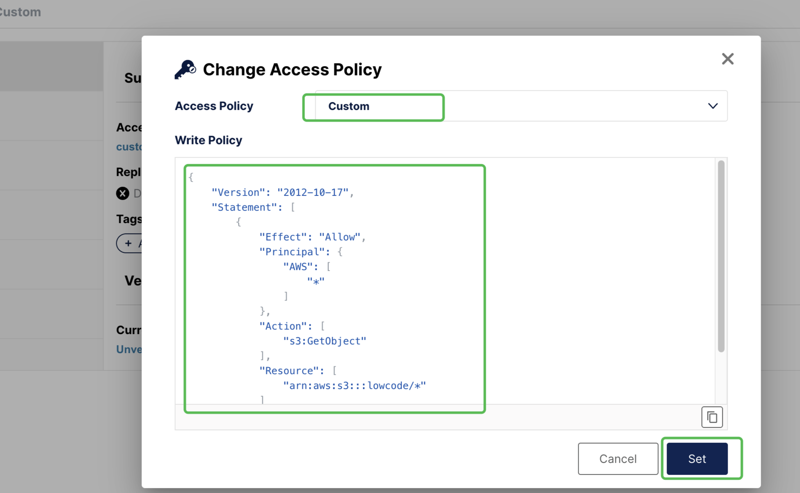 MinIO lowcode-static bucket permission settings