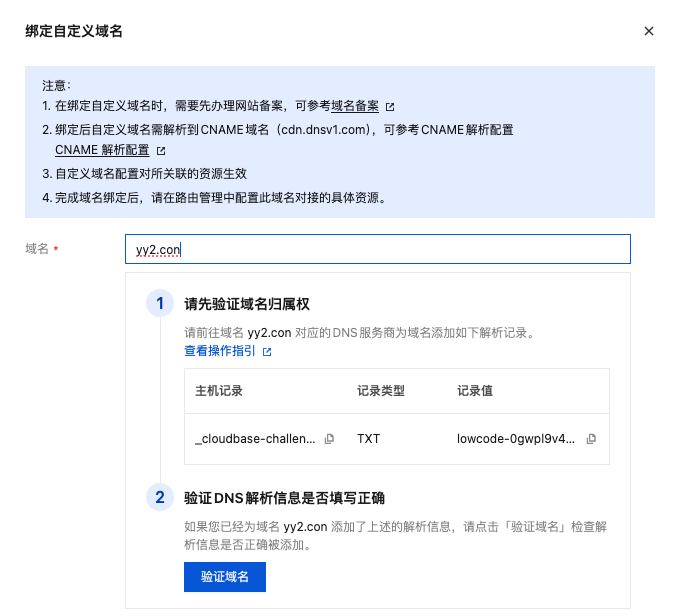 绑定自定义域名页面指引